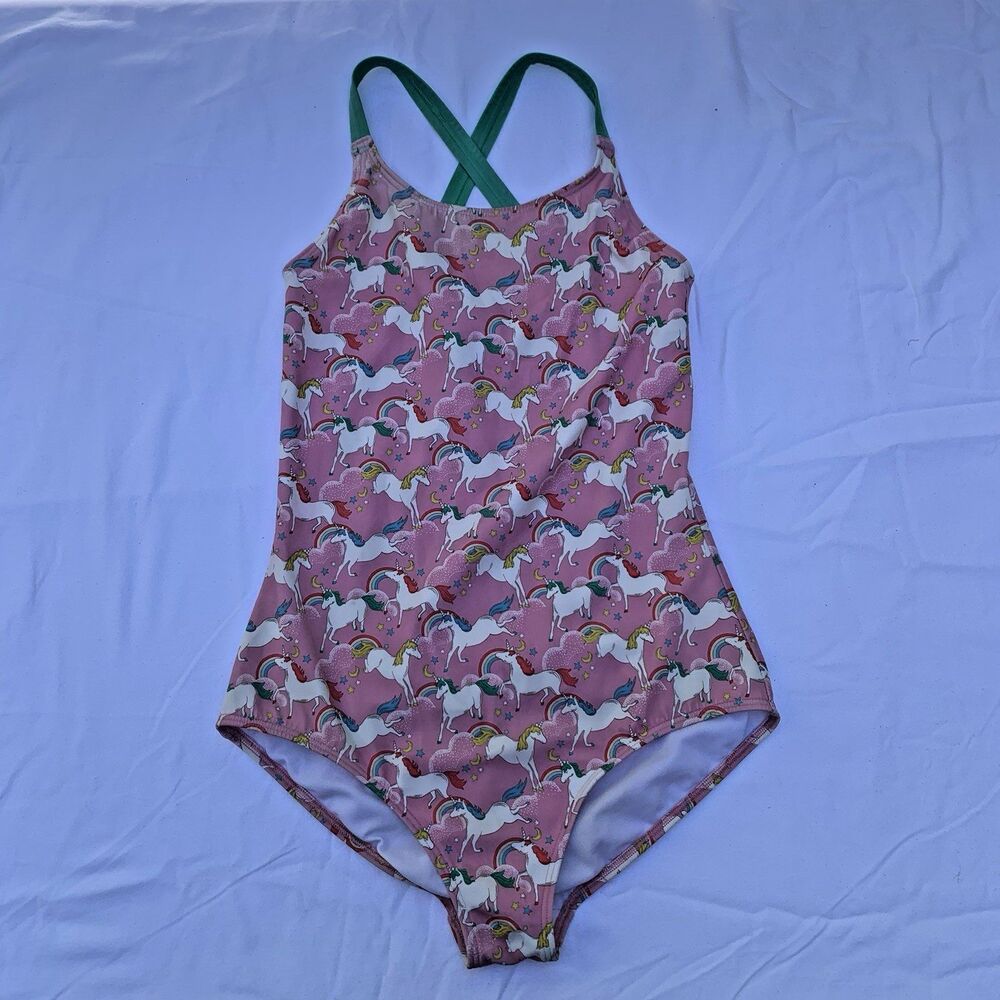Mini Boden Girls One Piece Swimsuit Size 13-14Y Cross-back Pink Rainbow Unicorn